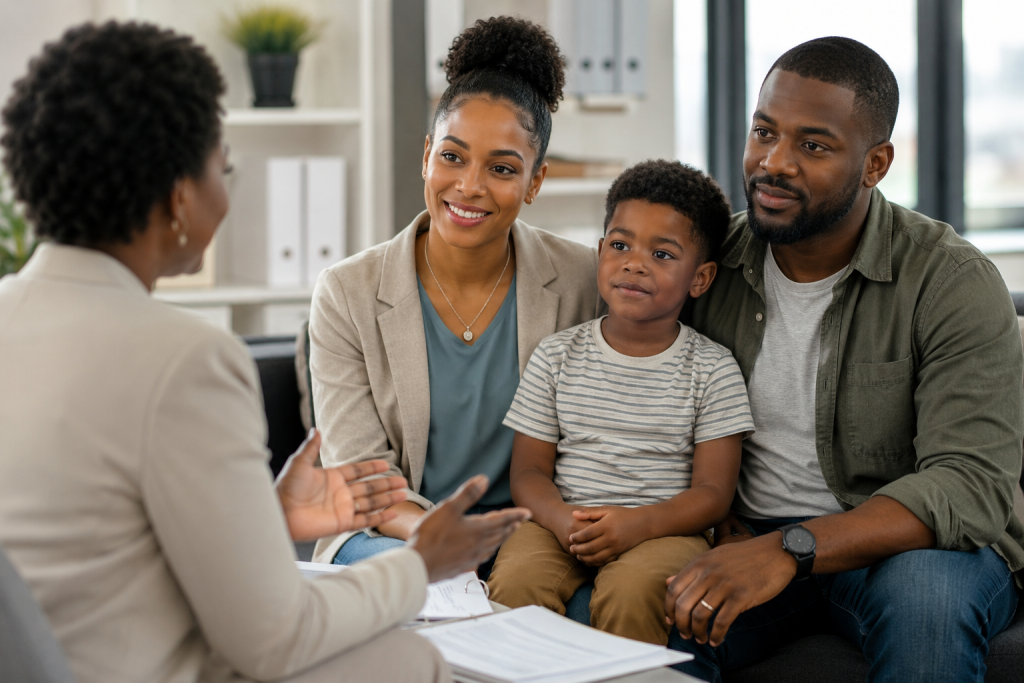 two parents with young child meeting with teacher